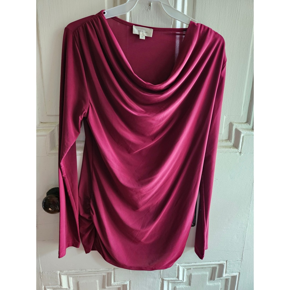 BE Stage Womens Long Sleeve Cowl Neck Ruched Side Blouse Berry Pink Size LG